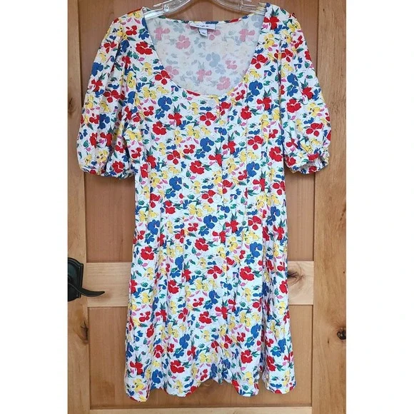 Rixo Floral Linen Blend Sz 14 Puff Sleeve Mini Dress Button Front Feminine Girly - Picture 2 of 10